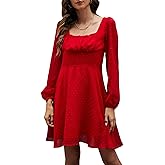 LYANER Women's Polka Dots Square Neck A line Long Sleeve Cute Swiss Dots Mini Dress Wine Red Medium