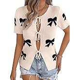 EHSUYAB Women 2000S Bow Knit Cardigan Sweaters, Short Sleeve Tie Front Lightweight Crochet Top, Summer Going Out Date Outfits