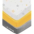American Baby Company 3 Pack Fitted Mini Crib Sheet 24" x 38", Soft Breathable Neutral 100% Cotton Jersey Portable Sheet, Yellow Star/Yellow/Gray, for Boys and Girls, Fits Most Pack N Play Mattresses