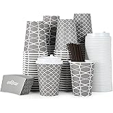 JOLLY PARTY [100 Sets] 12 oz Paper Coffee Cups, Disposable Coffee Cups with Lids, Sleeves and Straws, Hot Cold Beverage Drinking Cup for Water, Coffee or Tea, To-Go Cup Suitable for Office and Travel