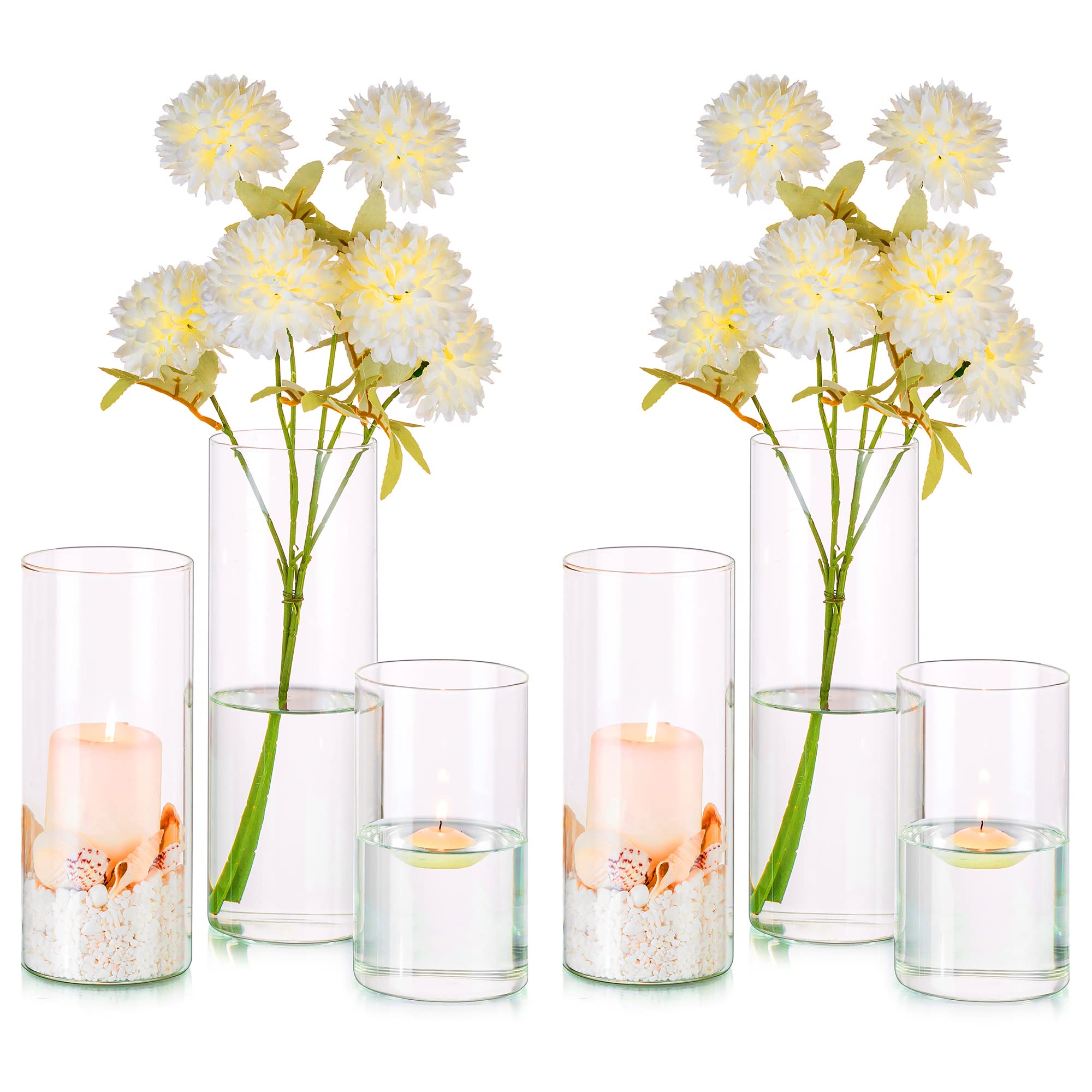 Photo 1 of Glass Cylinder Vases Set of 6, Hewory Tall Clear Vase for Centerpieces, Glass Hurricane Candle Holders for Pillar or Floating Candles, Round Vases for Wedding Anniversary Events Table Decor, 3.3in