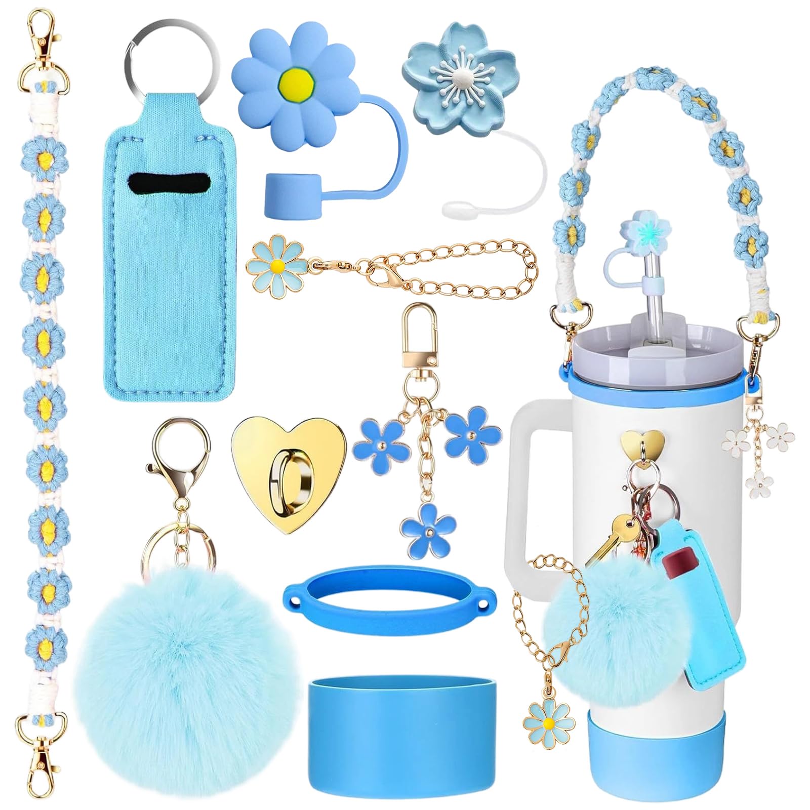 Stanley Cup Accessories Set, 10PCS Stanley Cup Decor Includes Stanley Straw Cover, Water Bottle Handle Strap, Silicone Stanley Cup Boot, Stanley Charms for Stanley Cup 40oz & 30 oz Tumbler, Blue