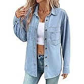 Sidefeel Women Denim Shirts Oversized Long Sleeve Button Down Blouse V Neck Casual Top Shackets
