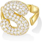 KissYan Bubble Initial Ring Valentines Day Gifts for Women, 14k Gold Plate Balloon Jumbo Letter Rings Open Adjustable Dainty Pave CZ Personalized Fashion Trendy Statement Jewelry