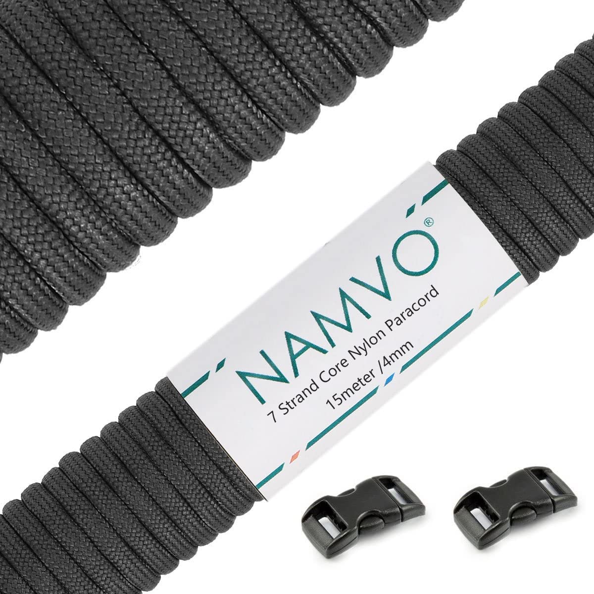 Namvo 550 Paracord 7 Strand Parachute Cord, Mil Spec Type III 15 Meter Tent Guide Rope Survival Parachute Lanyard Cord for Outdoor Camping Crafting Keychains Black