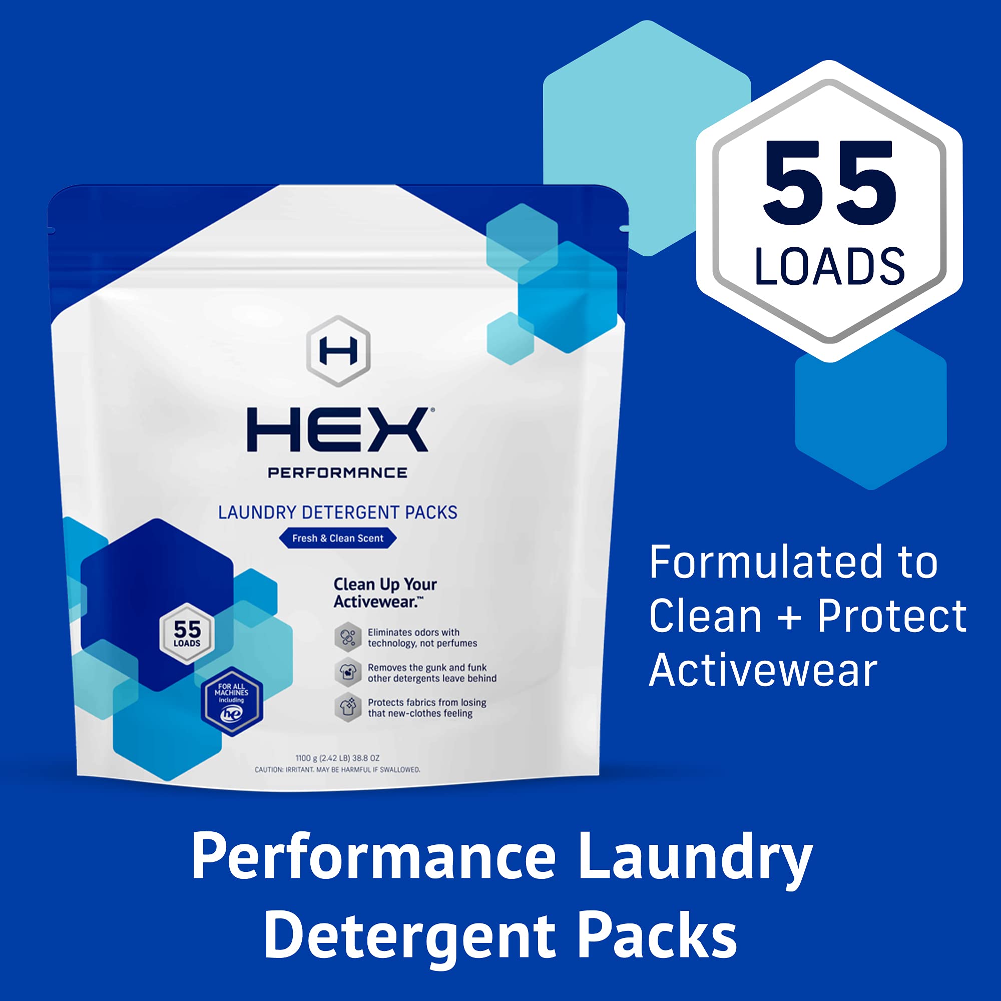 HEX Performance Laundry Packs, Fresh & Clean, 55ct - Designed for Activewear, Eco-Friendly