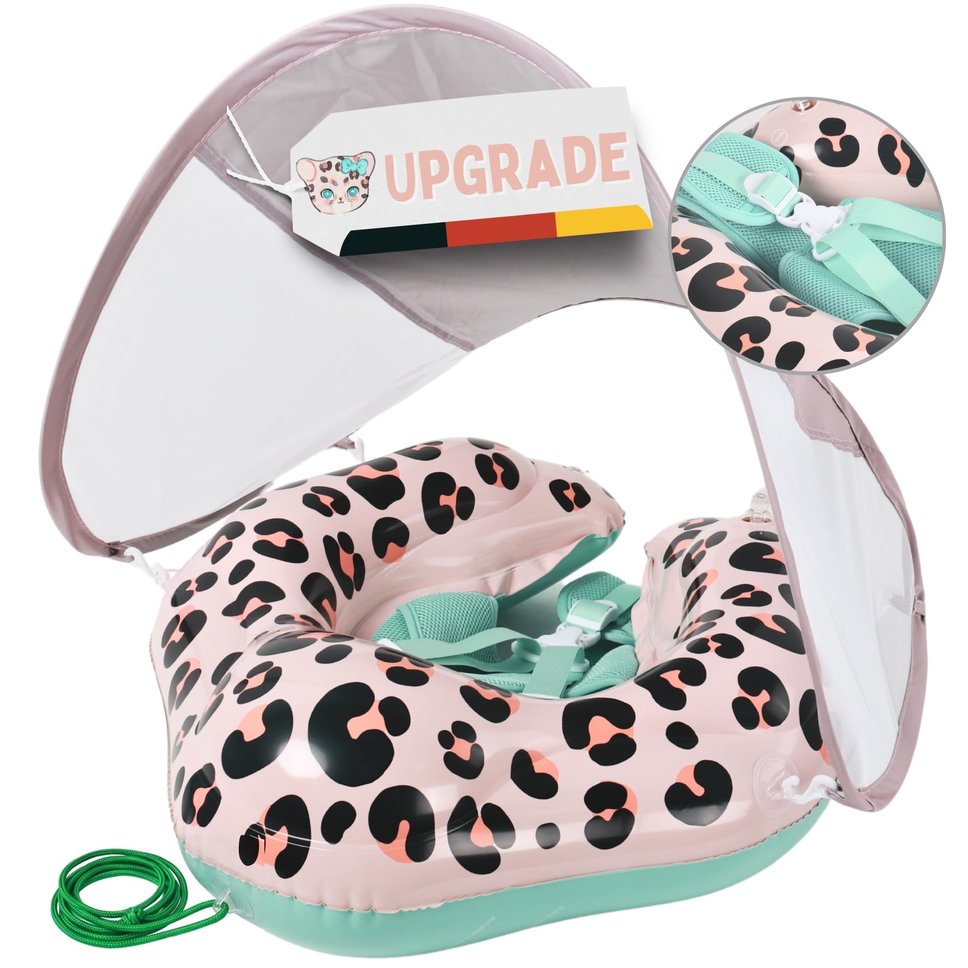 EDWEKIN® Baby Schwimmring 2026 mit Eltern-Zugleine – Mehr Sicherheit & Wasserspaß | TÜV geprüft | Premium Baby Float mit UPF50+ Sonnendach, Netzstoffgurt & Leo-Optik | 6–36M | Mitwachsend