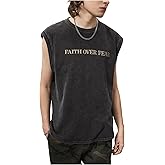 VIPWOLF Men's Vintage Letter Graphic Washed Tank Top Crew Neck Sleeveless Cut Off T Shirt Streetwear