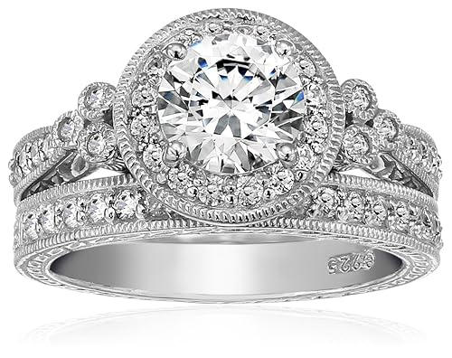 Amazon Essentials Platinum-Plated Sterling Silver Antique Rings set made with Infinite Elements Cubic Zirconia, Size 6 (previously Amazon Collection)