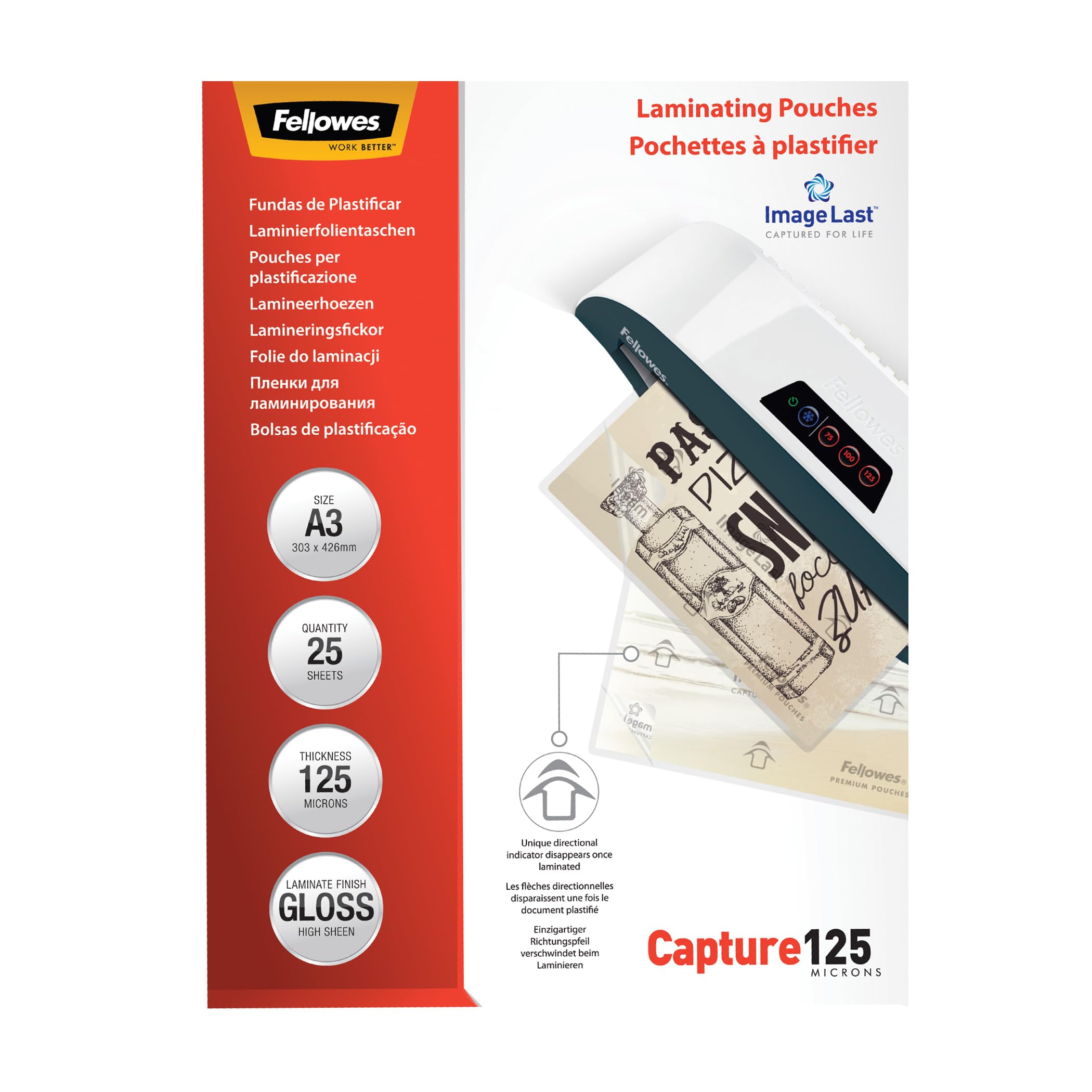 Fellowes A3 Laminating Pouches, Gloss Finish, 25 Sheets, 250 Micron (2 x 125) Clear & Durable Lamination Pouch with Image Last Directional Mark - Ideal for Photos & Notices — image 1
