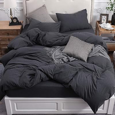PURE ERA Duvet Cover Set 100% Cotton Jersey Knit Bedding, Super Soft Comfy, Heathered Charcoal Grey King, with Zipper Closure (3pc Set, 1 Comforter Cover + 2 Pillow Shams)