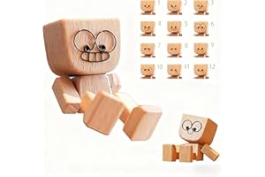 SnapMorph Shaking Wooden Man Figurine - 12Pcs Magnetic Changeable Faces, Handmade Shaking Feet Wooden Doll for Car Dashboard Decorations, Funny & Creative Desktop Office Desk Decor