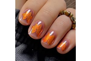 CurvLife Fall Press On Nails Short Oval Maple Leaf Design – Soft Gel Salon Quality False Nails Fake Nails with Glue, Long Lasting Daily Nail Tips for Women
