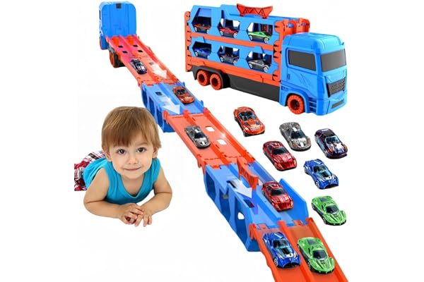 Bearbao Toddler Boy Toys for 2 3 4 5 6 Years Old Boys, 65 Inches Race Track for Boys Kids Die-Cast Transport Truck Car Toys,