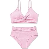 Girls Swimsuit Solid Bathing Suit 2 Piece Twist Cross Adjustable Straps Soft Lining Bikini for Teen Girls with Chest Pad