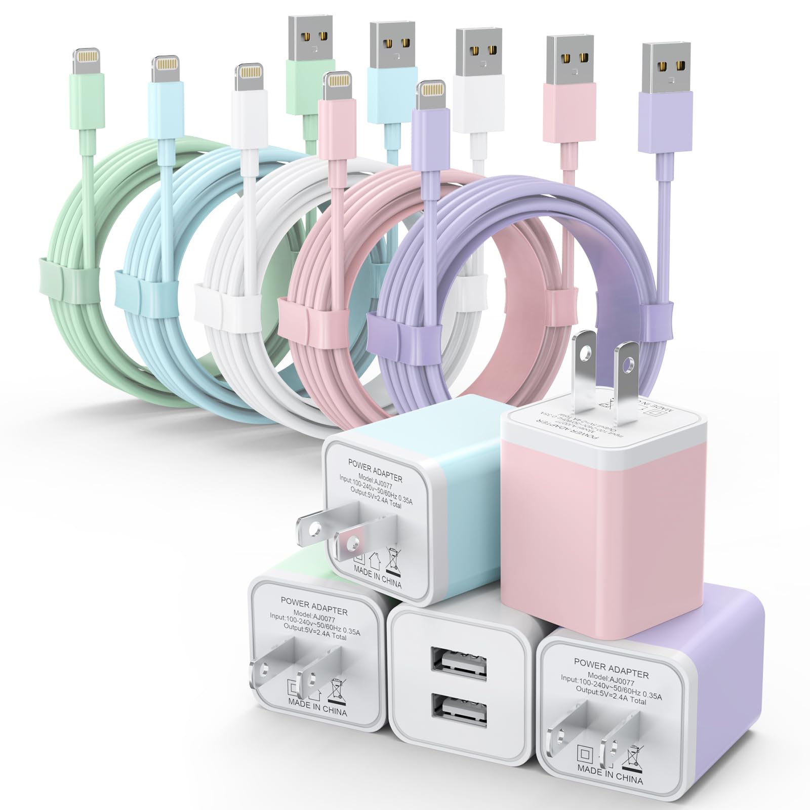 Photo 1 of iGENJUN 5Pack iPhone Charger, Dual Port USB Wall Charger Block Adapter with Long 6FT Lightning Cable Fast Charging Data Sync Cords for iPhone 14 13 12 11 Pro Max XR XS Plus-Multicolor