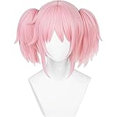 Half and Half Mado-ka Cosplay Wig Pink Anime Ponytail Wigs with Bangs Short Light Pink Cute Lolita Twin Tails Wig for Women Halloween Party Costumes