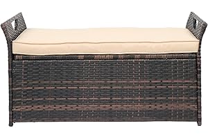 Henf Outdoor Patio Ottoman Bench, Brown Gradient, PE Rattan, Iron, Polyester Cloth, Sponge, with Hidden Storage and Safety Hinge, 41.7" x 17.7" x 20.5"