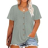 RITERA Plus Size Tops for Women Crewneck Neck with Button Up Short Sleeve Embroidery Henley Tshirt Casual Basic Shirt XL-5XL