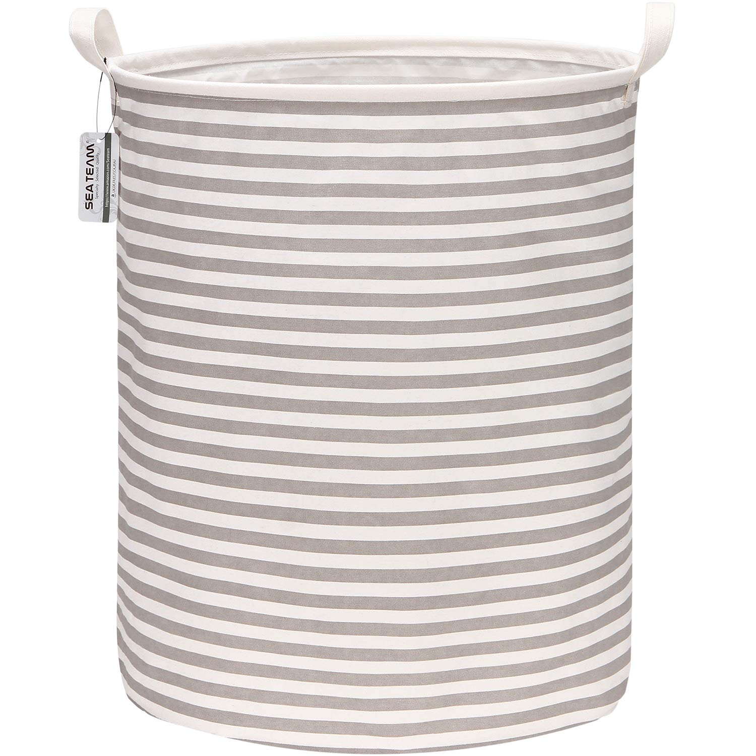 Sea Team 19.7 Inch Large Sized Waterproof Coating Ramie Cotton Fabric Folding Laundry Hamper Bucket Cylindric Burlap Canvas Storage Basket with Stylish Grey Stripe Design
