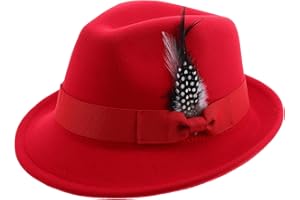 JOINPAYA Men’S Red Felt Fedora Hat Flat Brim Jazz Cap Soft Wool Blend Winter Dress Hat for Parties and