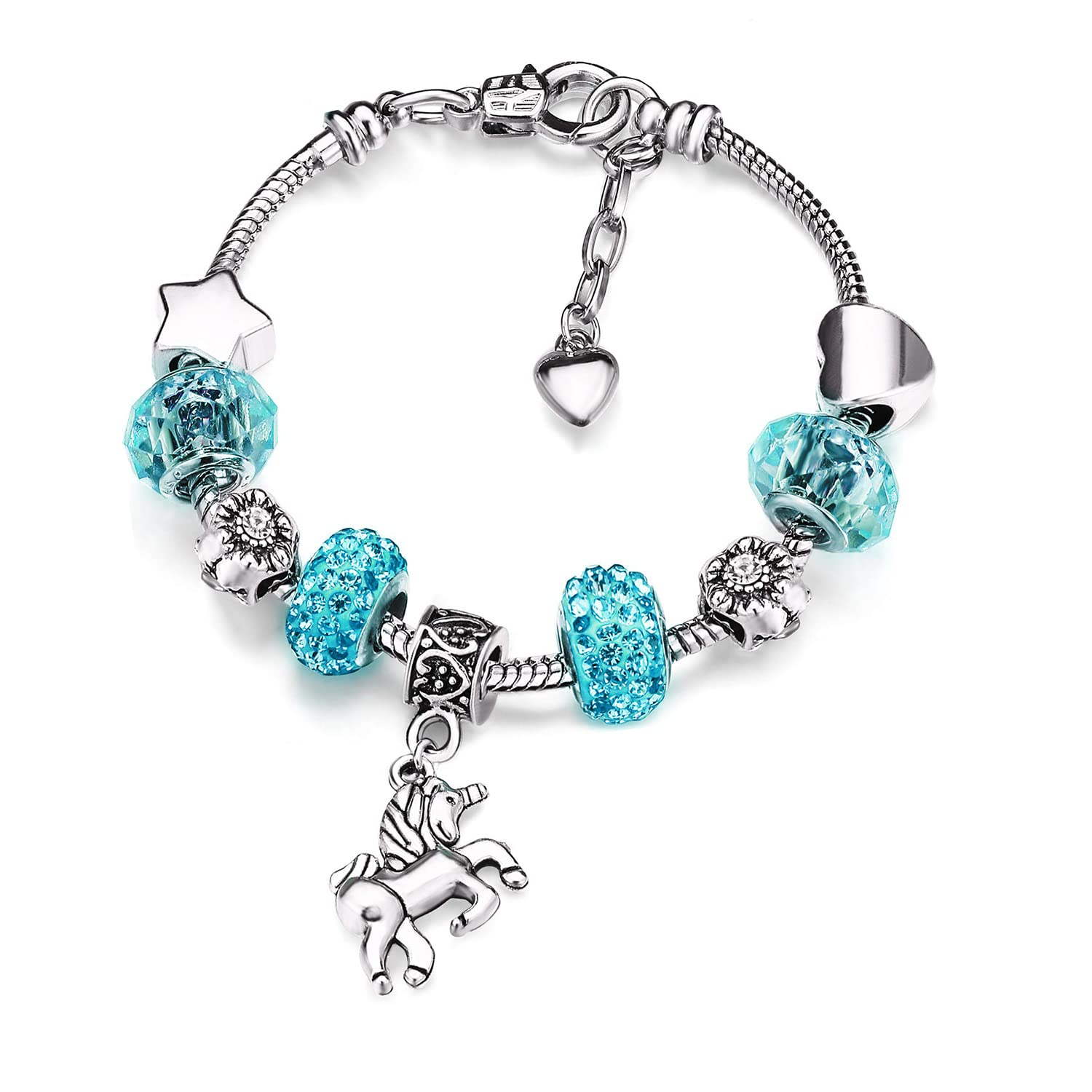 Deolven Unicorn Girls Bracelets, Girls Magical Sparkly Pink Crystal Charm Bracelet for Kids Birthday Gifts Children Jewellery Presents Ancient Silver and Rhinestones 6-12 Years Old, Blue 16cm