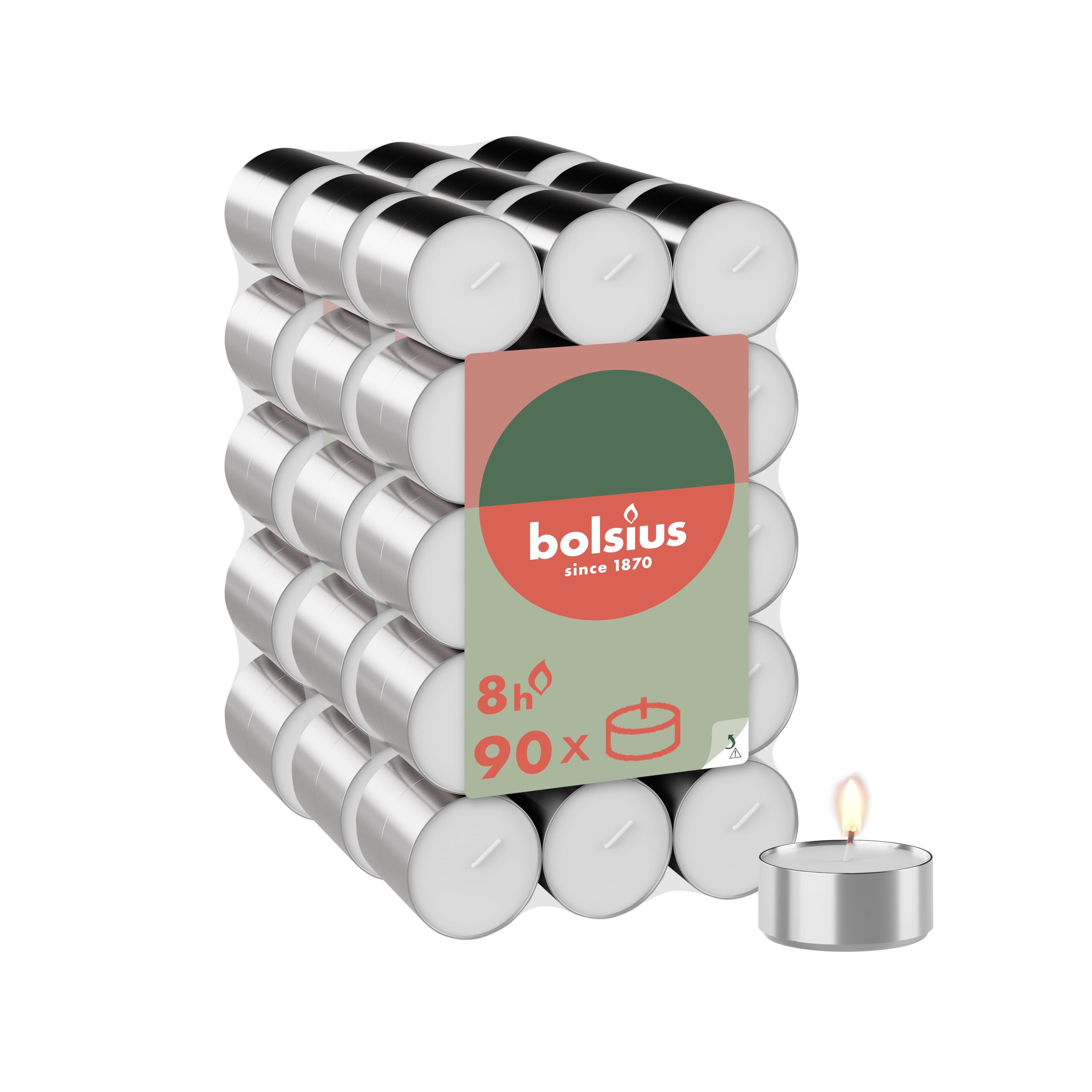 Bolsius - Large Pack of Tea Lights - 90 Pieces - 8 Burning Hours - White - Long Burning Time - Decorative Household Candles - Without Palm Oil - Clean Burning