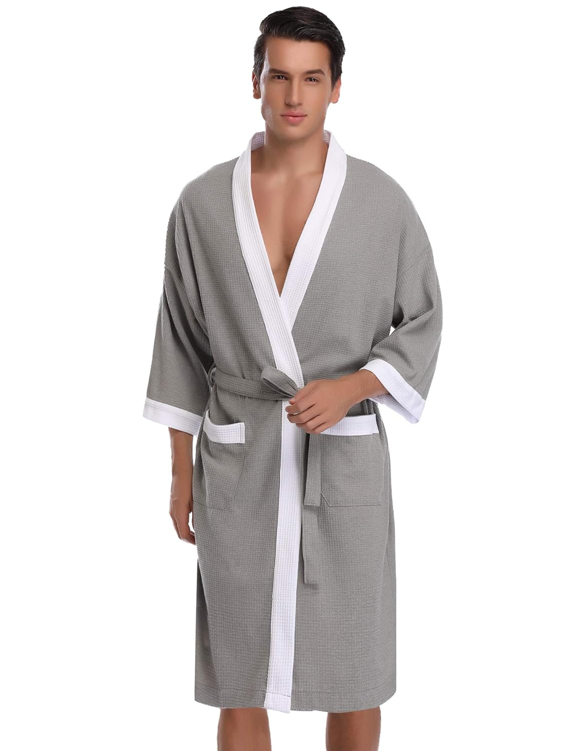 Vlazom Waffle Dressing Gowns Unisex Kimono Robe Cotton Lightweight