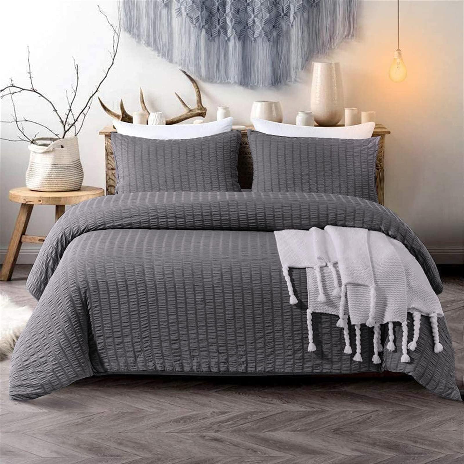 Classic Dark Grey Seersucker Duvet Cover Set Bedding Set with Zipper Closure and 2 Pillowcases Super King Soft Microfiber Duvet Cover 220 x 260cm