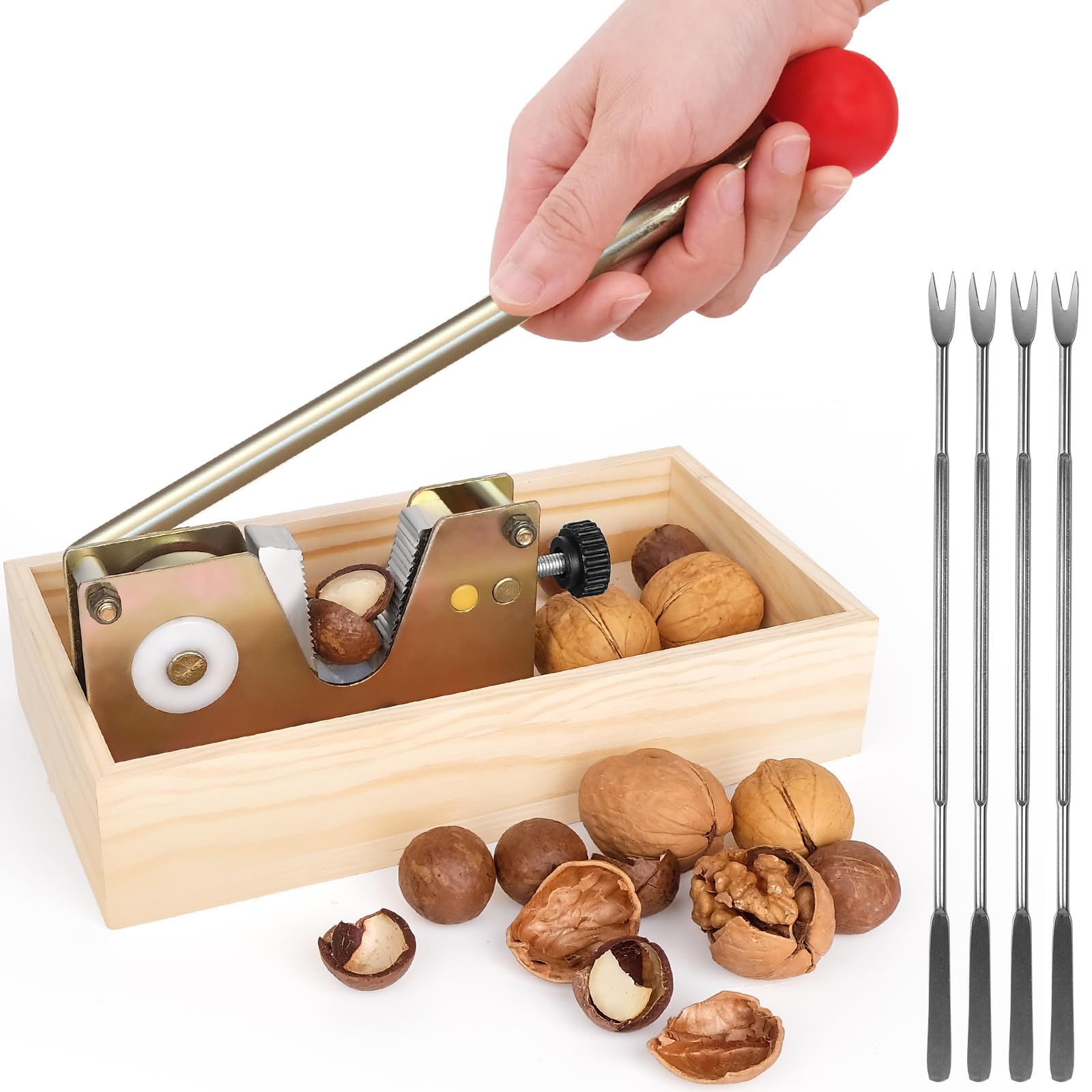 Photo 1 of Nut Cracker Heavy Duty Walnut Cracker with Wooden Base Adjustable Nut Tongs Manual Nut Crackers for All Nuts Nut Cracker Tool for Walnut Pecan Macadamia Hazelnuts Chestnut and More-4 Picks Included