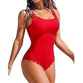 Charmo Womens Scalloped Ribbed One Piece Swimsuits Retro Square Neck Modest Bathing Suits