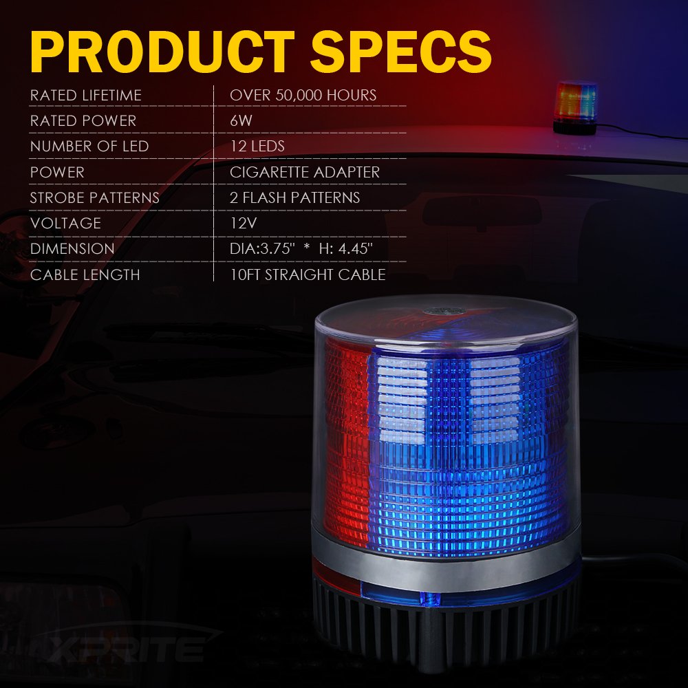 Xprite Red&Blue LED Beacon Light w/Magnetic Base，Safety Warning Police Flashing Lights for Law Enforcement Vehicles Forklift Patrol Security Trucks Cruiser UTV ATV Snowplow Volunteer