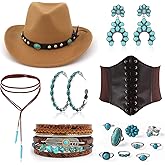 EIELO 17Pcs Western Cowgirl Costume Set Outfits for Women Cowboy Hat Corset Belt Turquoise Jewelry Kit for Halloween