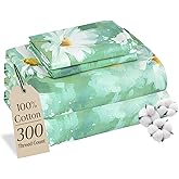 MCO 100% Cotton Sheet Set Floral Printed, 300 Thread Count Cotton Queen Sheet Set, 16" Deep Pocket, Breathable Cooling Sheets 4 Pieces (Queen, Daisy Dark Green)