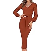 HAEOF Womens 2026 Puff Long Sleeve Fall Winter Sweater Dress Trendy Ribbed Knit V Neck Business Work Midi Bodycon Dresses