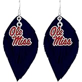 Ole Miss Rebels Navy Red Boho Leather Feather Wire Earrings Jewelry Gift