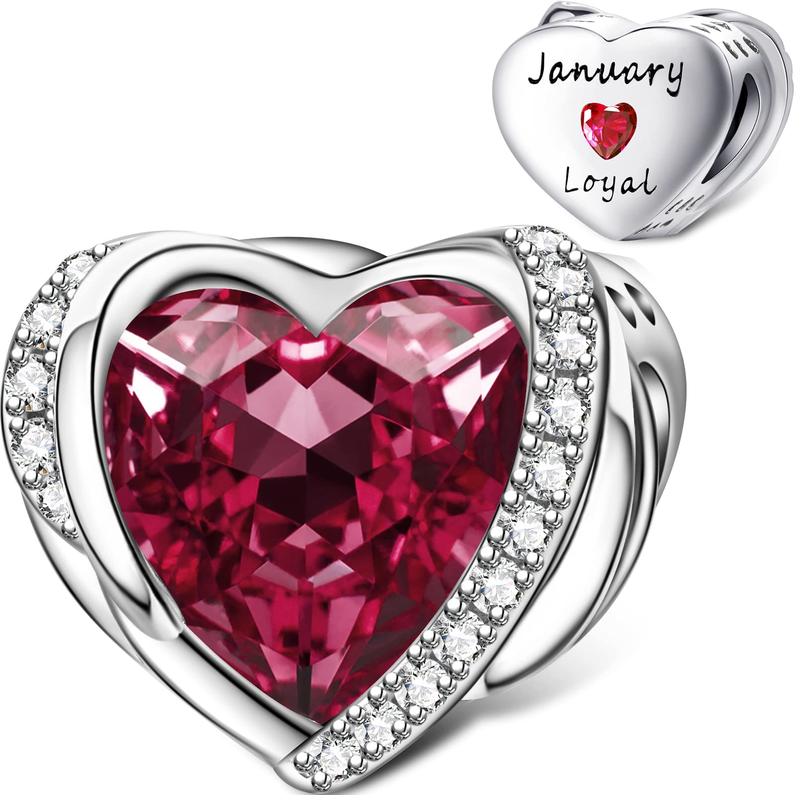 January Birthstone Charms for Pandora Charms Bracelet, Angel Wings 925 Sterling Silver Love Heart Bead Pendant Engraved Loyal,Birthday Mother's day Jewelry Gifts for Women Girls