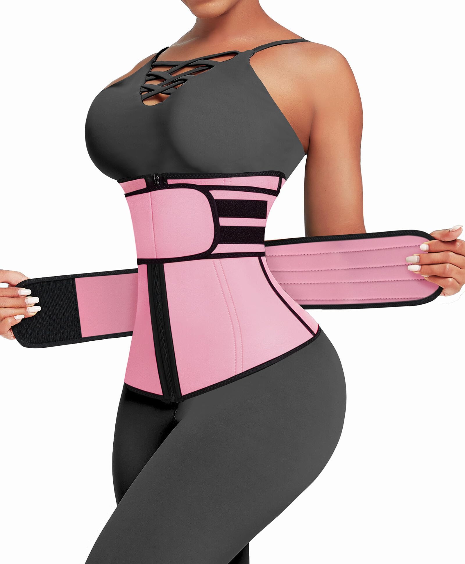 Photo 1 of Lover-Beauty Waist Trainer for Women Plus Size Two Belts Neoprene Workout Corset Waist Trainer Cincher Trimmer Sauna Belt Zipper, Pink, M