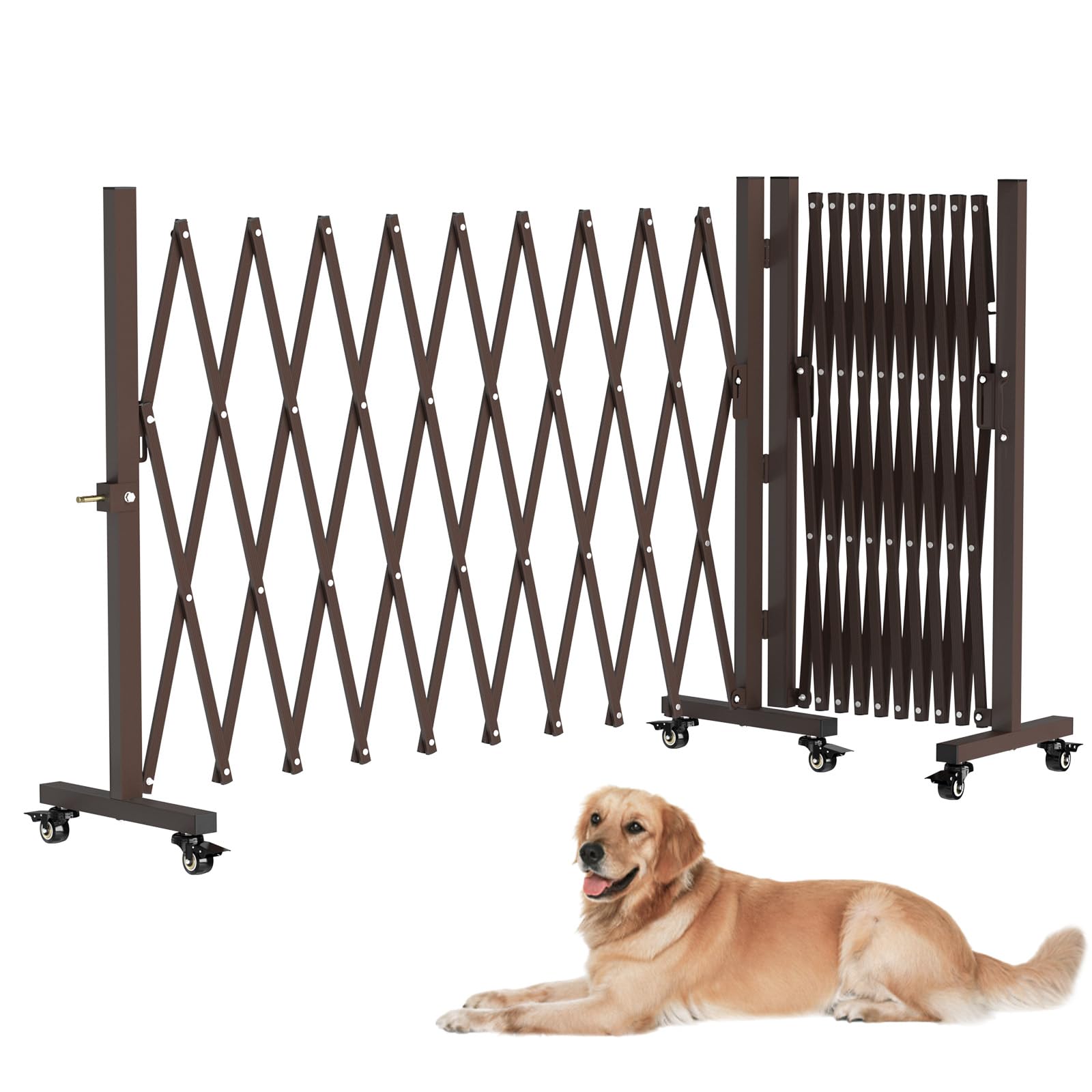 Photo 1 of THEYFIRST Expandable Driveway Gate, Portable Barricade Gate with Casters, Metal Folding Security Gate, 209" Wide Aluminum Expandable Garden Fence, Outdoor Dog Fence for Yard (Coffee, 41.34 * 216.54)