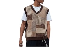 OYOANGLE Men's Vintage Plaid Print Sweater Vest Sleeveless V Neck Pullover Knit Tank Tops