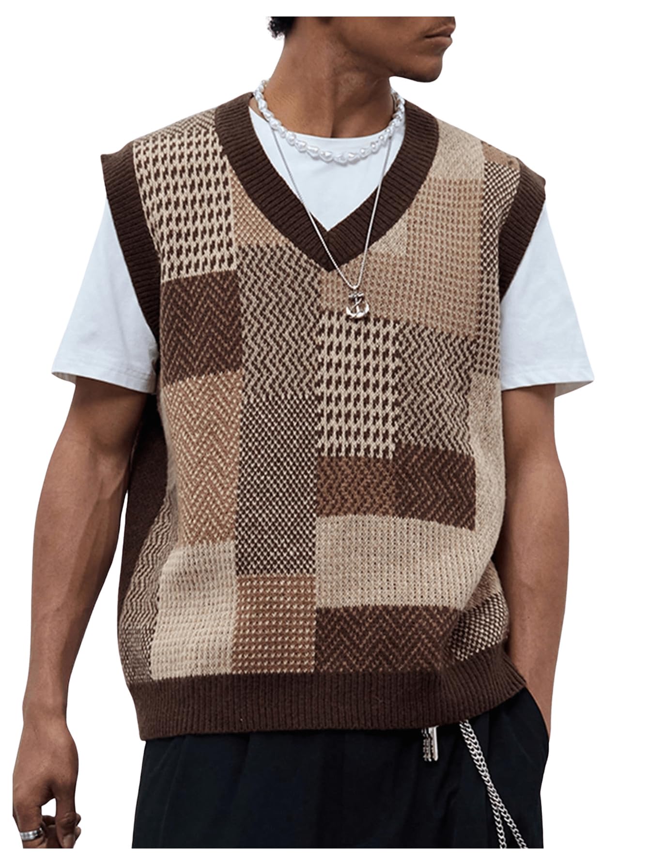 Photo 1 of OYOANGLE Men's Vintage Plaid Print Sweater Vest Sleeveless V Neck Pullover Knit Tank Tops Brown Small
