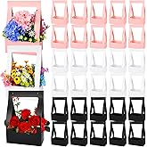 PerKoop 30 Pcs Kraft Paper Flower Box for Arrangement Bouquet Flower Gift Bags with Handle Waterproof Packaging Floral Wrap Wedding Mother's Day Birthday Party, Black, White, Pink(Rectangle)