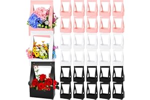 PERKOOP 30 Pcs Flower Box for Arrangement Kraft Paper Flower Box Bouquet Flower Gift Bags with Handle Waterproof Packaging Floral Wrap Wedding Birthday Graduation Party, Black, White, Pink (Rectangle)