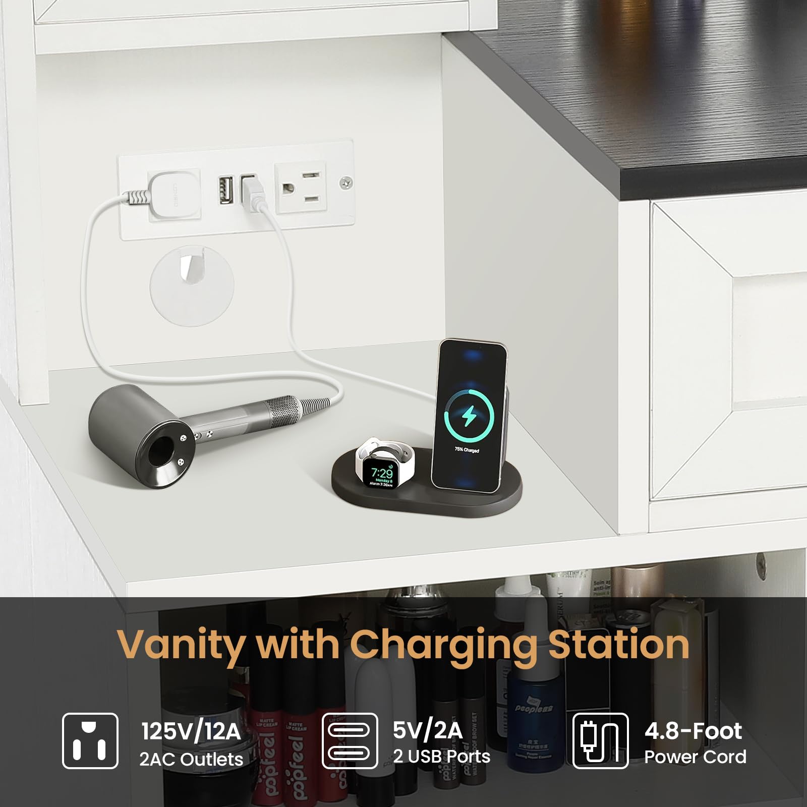 elifine Makeup Vanity Desk with Mirror and Lights - 40'' Farmhouse Vanity Table with Power Outlet & 4 Drawers, 3 Color Lighting Mode, Bedroom Dressing Table for Girl, Women