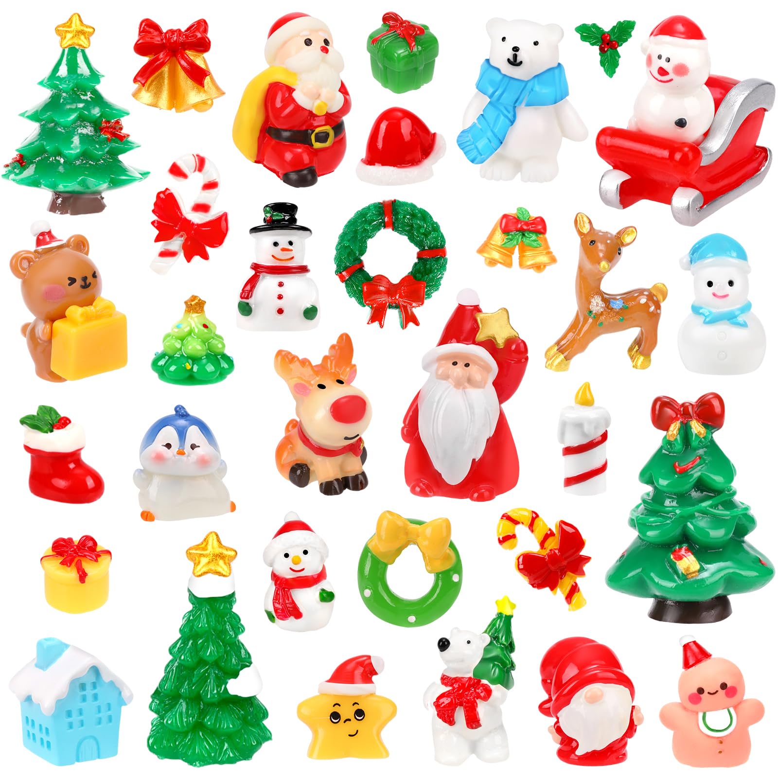 Zenoble 50 PCS Christmas Mini Resin Ornaments, Cute Small Christmas Miniatures Figures Snowman, Santa Claus, Tree, Reindeer Figurines Kit for Xmas Garden Tiny Landscape Dollhouse DIY Craft Decor