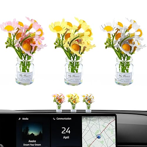 Daisy Car Accessories, 3PCS Cute Girly Car Decor Decorations for Women, Artificial Daisy Flowers Dashboard Sunflower Accessories