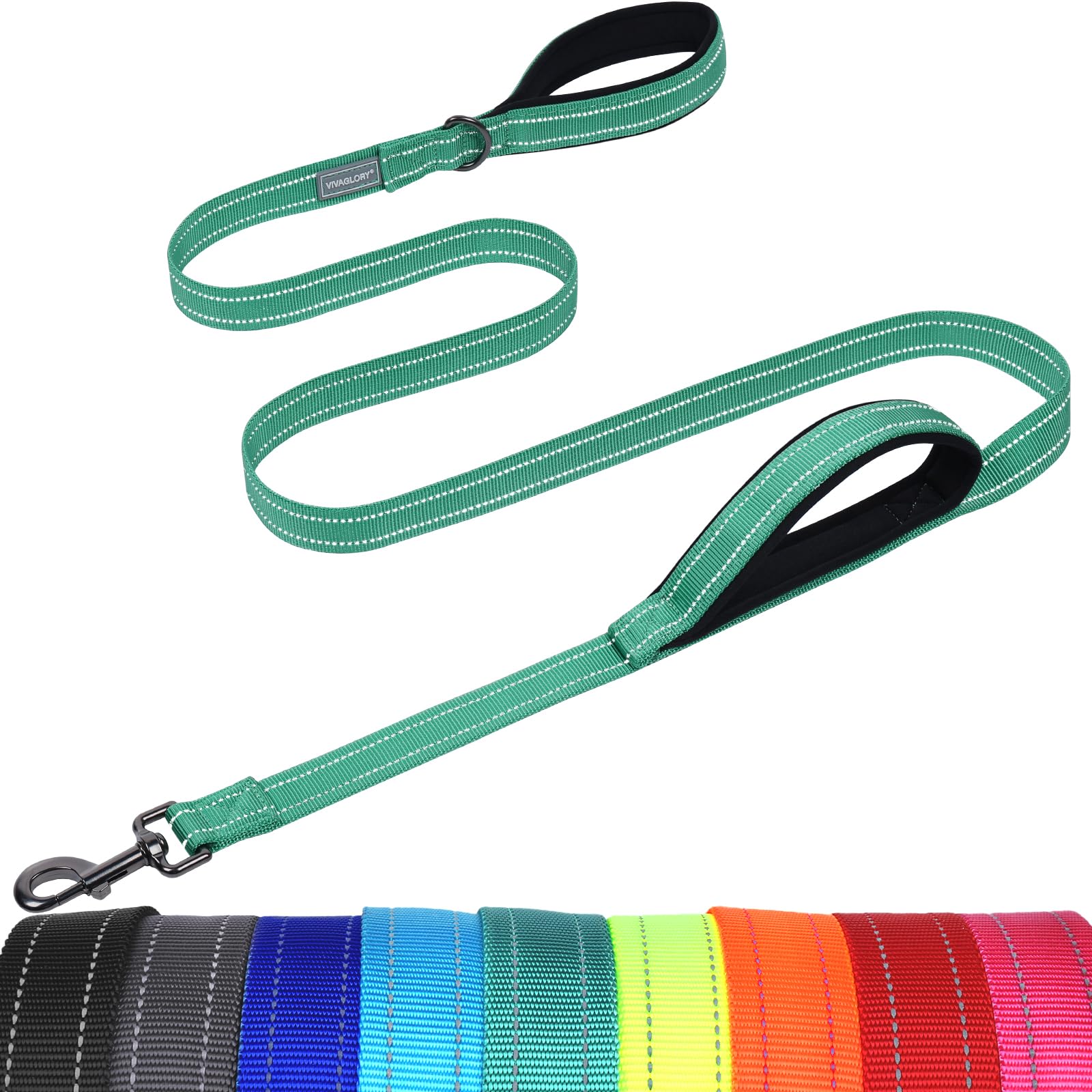 VIVAGLORY Dog Lead Twingrip Double Handle Dog Lead, Leash with Traffic Handle & 2 Loop for Walking & Training, Traffic Control Reflective Heavy Duty for Puppy Pet, 1.8m x 2.5cm, Turquoise