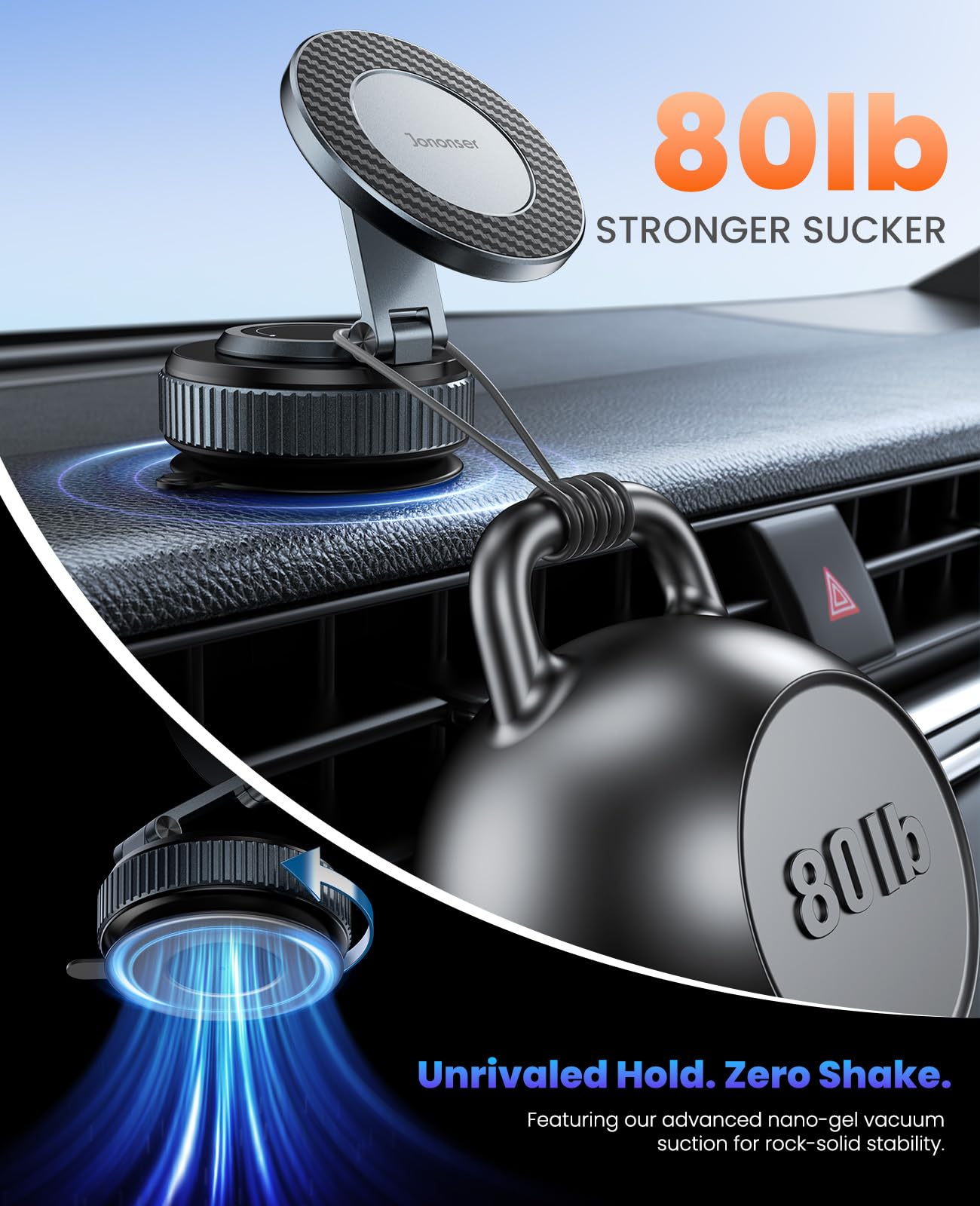 Jononser Suction Phone Mount for Car Dashboard/Windshield - 360°Adjustable Magnetic Phone Holder for Car, Foldable Car Phone Holder for iPhone 17/16/15/14/13/12 Series (Carbon Fiber & Aluminum Alloy)