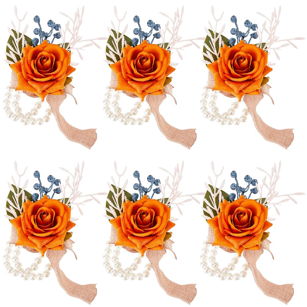 CRASPIRE Rose Flower Wrist Corsage Dark Orange Silk Cloth Imitation Rose with Satin Ribbon Wrist Corsage with Plastic Pearl Boutonniere Set for Rustic Wedding Party Decoration Groom Bride Prom