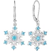 Rocayi Snowflake Earrings 925 Sterling Silver Snowflake Leverback Dangle Drop Earrings Christmas Winter Frozen Flower Jewelry with CZ Blue Aquamarine